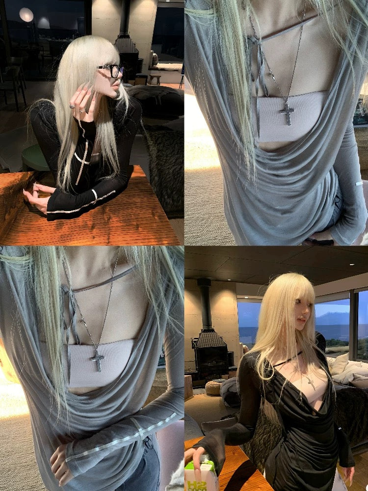 Pas a Pas シアー ドレープネック 長袖Tシャツ