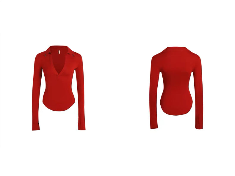 pas a pas「SLIM BACKING SHIRT」レッド レディース Vネック 長袖 トップス スリムフィット インナセット